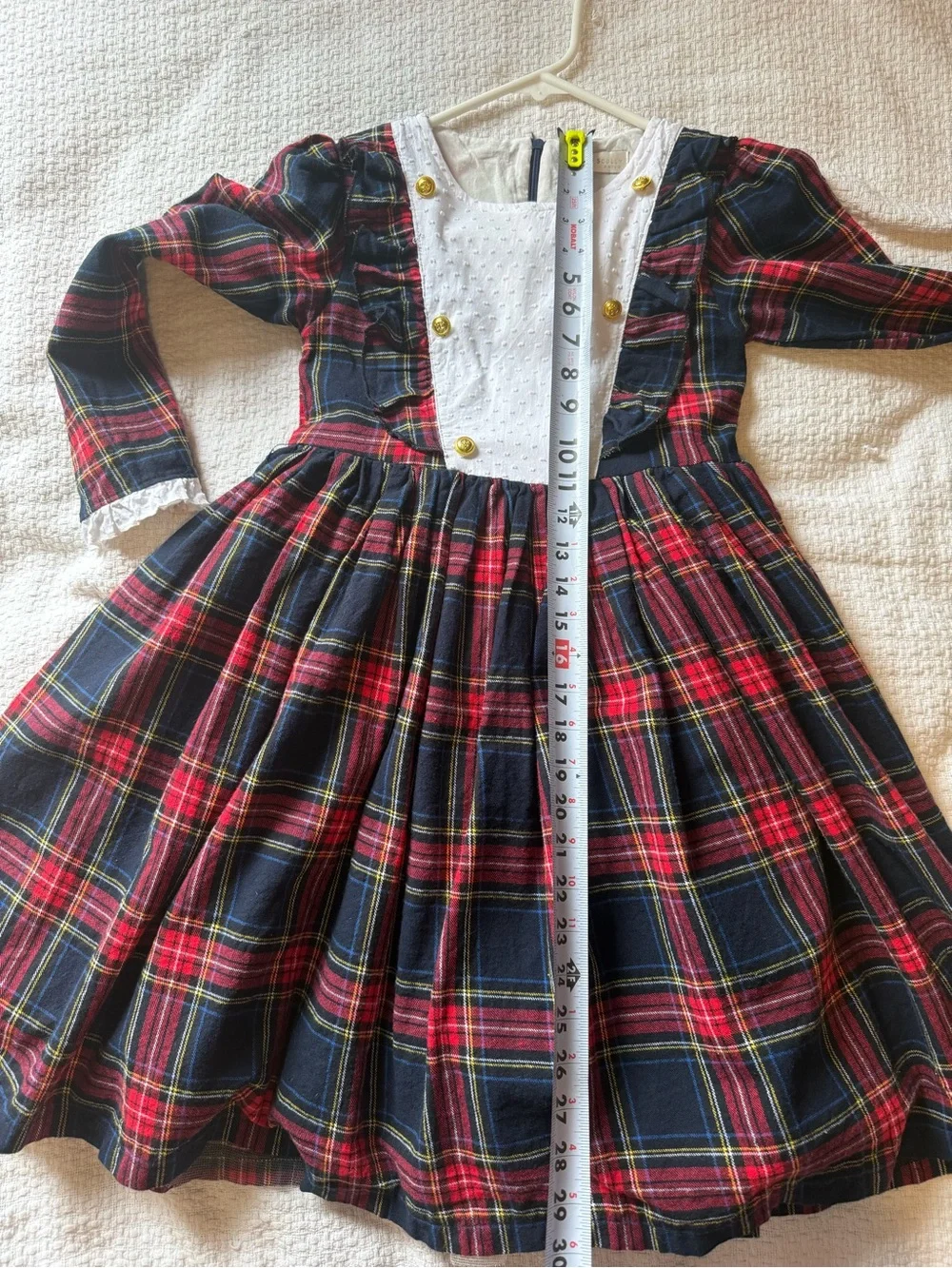 Girls Navy and Red Plaid Formal Dress with White Bib and Gold Buttons